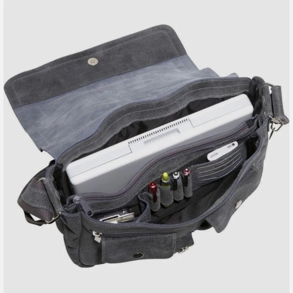 David King & Co. North South Laptop Messenger bag Dark Grey Suede Leather Men's